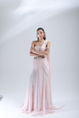 DEEPANSHI MASSEY LABEL baby pink pearl saree lehenga showing the full drape, embellished blouse and scattered pearl detailing